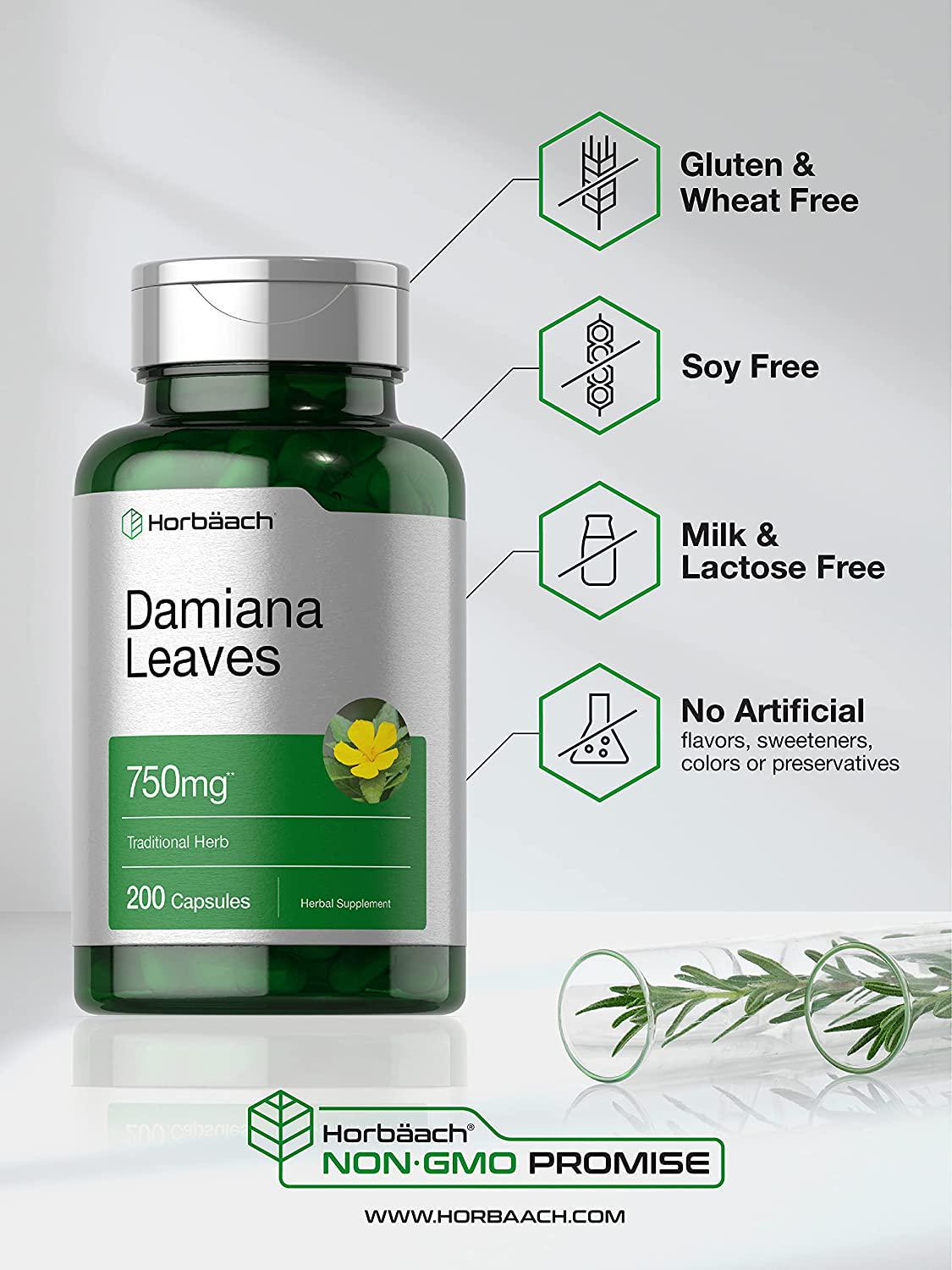 Damiana Leaf 750mg | 200 Capsules | Non-GMO, Gluten Free Supplement | by Horbaach