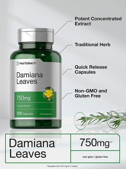 Damiana Leaf 750mg | 200 Capsules | Non-GMO, Gluten Free Supplement | by Horbaach