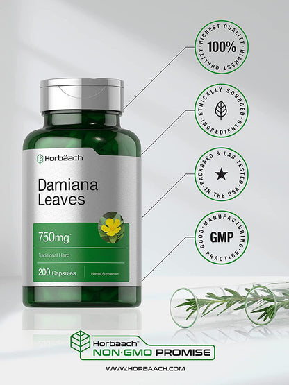 Damiana Leaf 750mg | 200 Capsules | Non-GMO, Gluten Free Supplement | by Horbaach