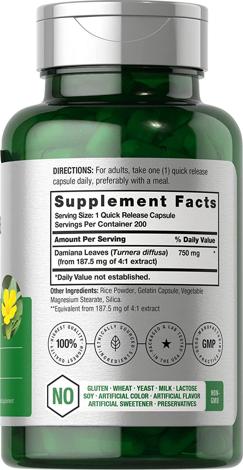 Damiana Leaf 750mg | 200 Capsules | Non-GMO, Gluten Free Supplement | by Horbaach