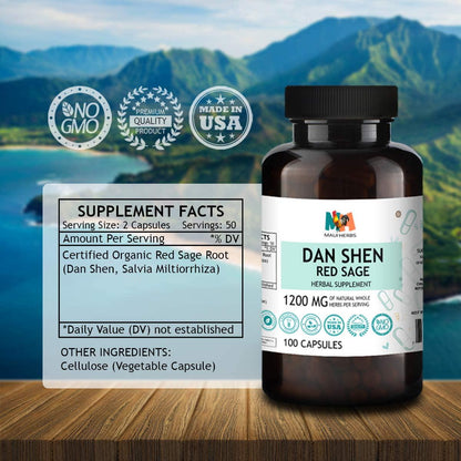 Dan Shen Herb Red Sage Supplement - Salvia Miltiorrhiza or Dan Shen Root Extract for Heart, Brain, Bone, Oral Health - Organic Chinese Herbs Rich in Antioxidants - 100 Red Sage Capsules