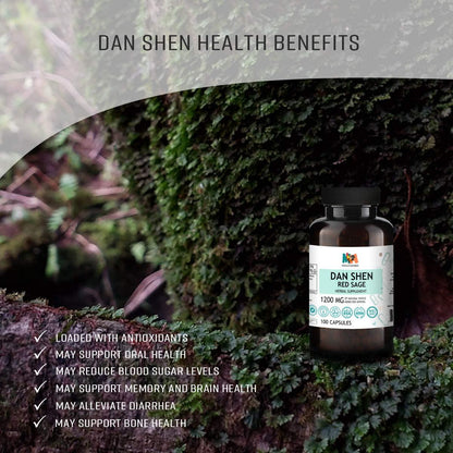 Dan Shen Herb Red Sage Supplement - Salvia Miltiorrhiza or Dan Shen Root Extract for Heart, Brain, Bone, Oral Health - Organic Chinese Herbs Rich in Antioxidants - 100 Red Sage Capsules