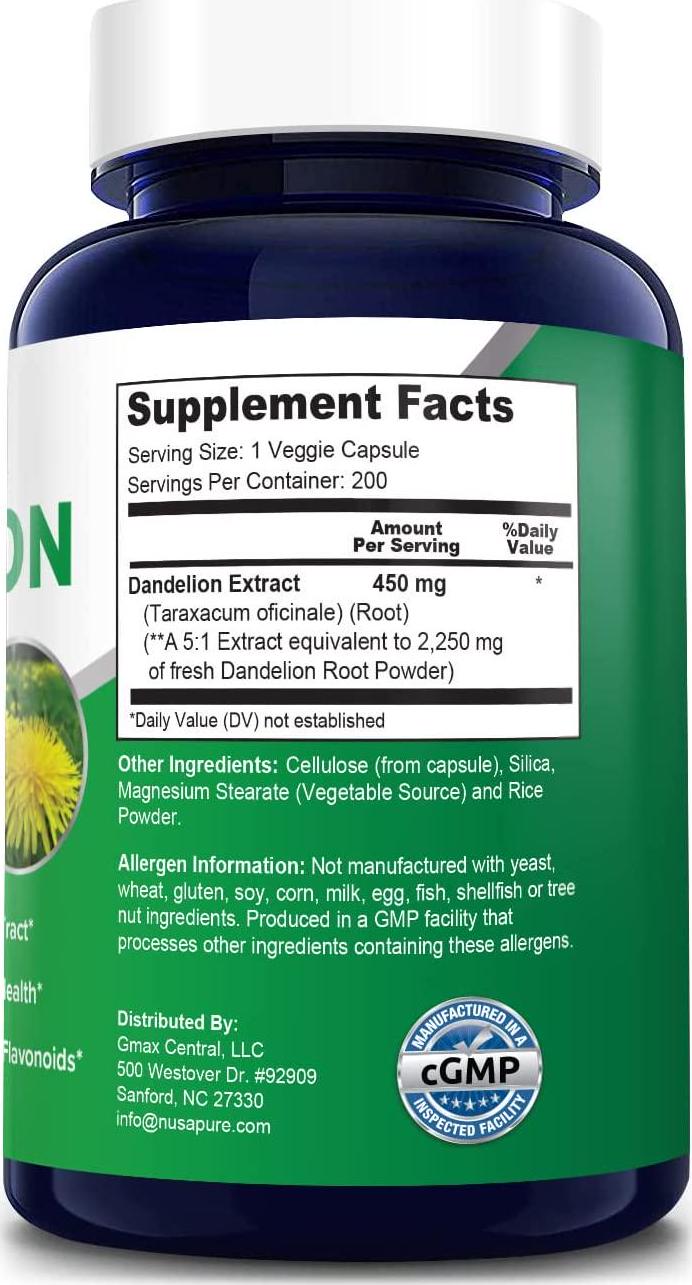 Dandelion Extract 2,250mg 200 Veggie Capsules (Non-GMO, Extract 5:1 and Gluten Free)
