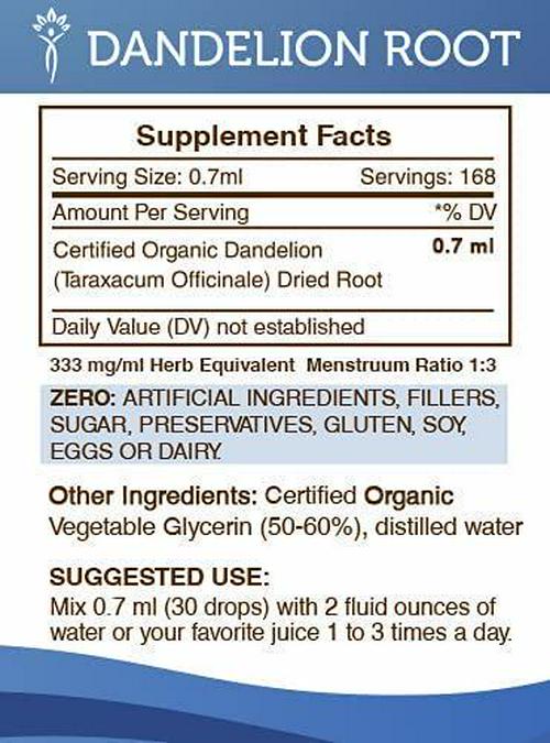Dandelion Root Alcohol-Free Liquid Extract, Organic Dandelion (Taraxacum Officinale) Dried Root Tincture Supplement (2x4 FL OZ)