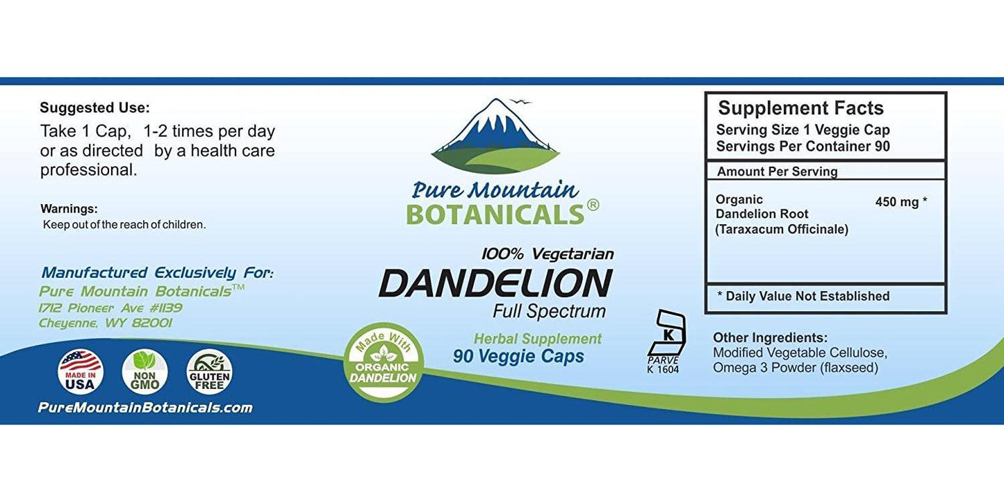 Dandelion Root Capsules - 90 Kosher Vegan caps Now with 450mg Organic Dandelion Root Powder