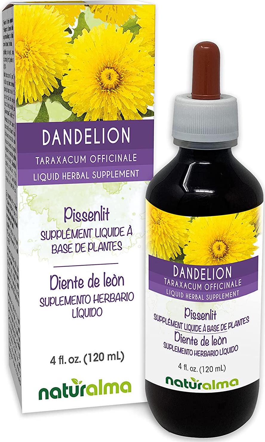 Dandelion (Taraxacum officinale) Root and herb Alcohol-Free Tincture Naturalma | 4 fl oz Liquid Extract in Drops | Herbal Supplement | Vegan | Product of Italy