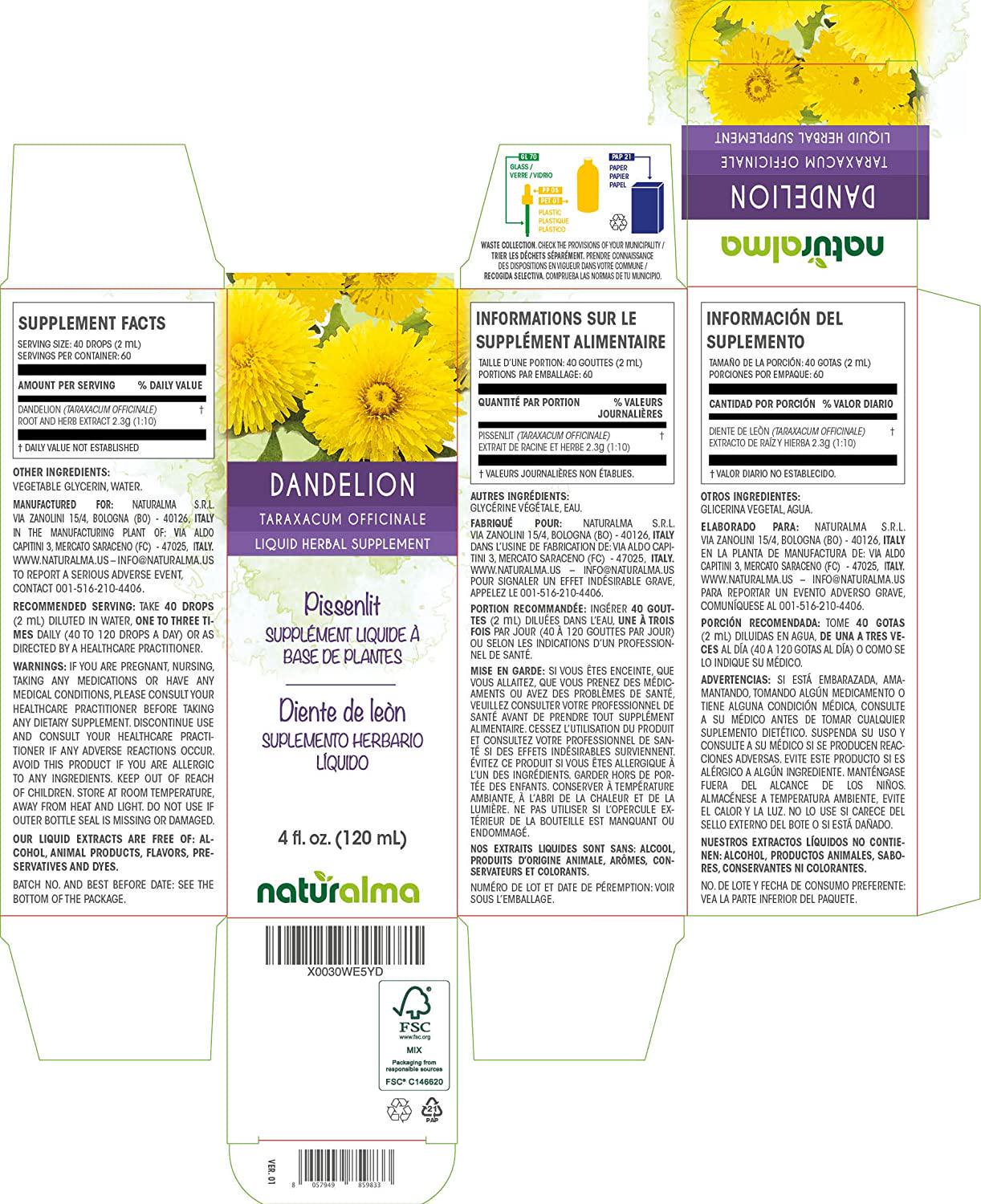 Dandelion (Taraxacum officinale) Root and herb Alcohol-Free Tincture Naturalma | 4 fl oz Liquid Extract in Drops | Herbal Supplement | Vegan | Product of Italy