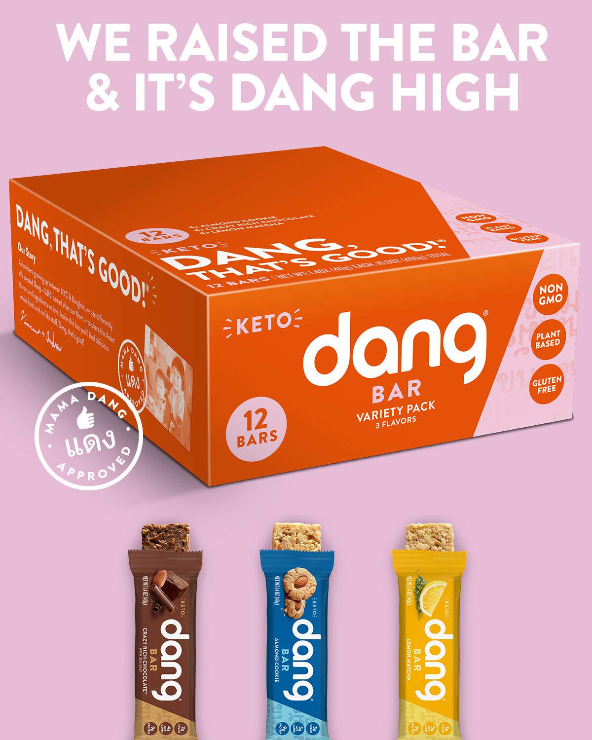 Dang Keto Bar | 3 Flavor Variety | 12 Pack | Keto Certified, Vegan, Low Carb, Low Sugar, Plant Based, Non GMO, Gluten Free Snacks | 4-5g Net Carbs, 9g Protein, No Added Sugars