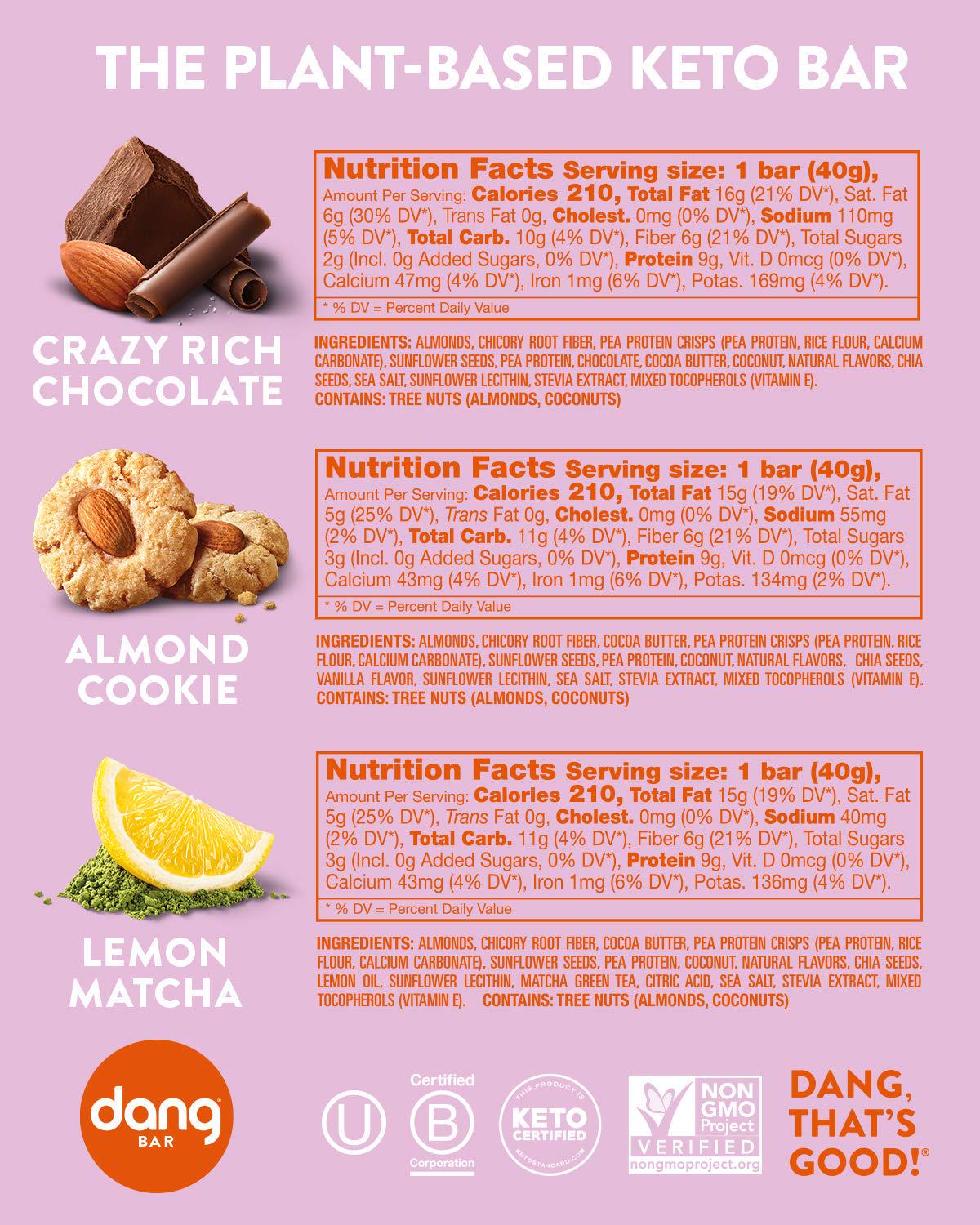 Dang Keto Bar | 3 Flavor Variety | 12 Pack | Keto Certified, Vegan, Low Carb, Low Sugar, Plant Based, Non GMO, Gluten Free Snacks | 4-5g Net Carbs, 9g Protein, No Added Sugars