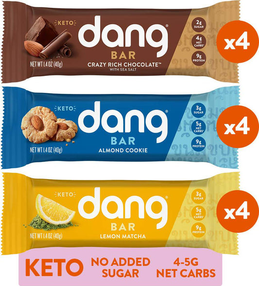 Dang Keto Bar | 3 Flavor Variety | 12 Pack | Keto Certified, Vegan, Low Carb, Low Sugar, Plant Based, Non GMO, Gluten Free Snacks | 4-5g Net Carbs, 9g Protein, No Added Sugars
