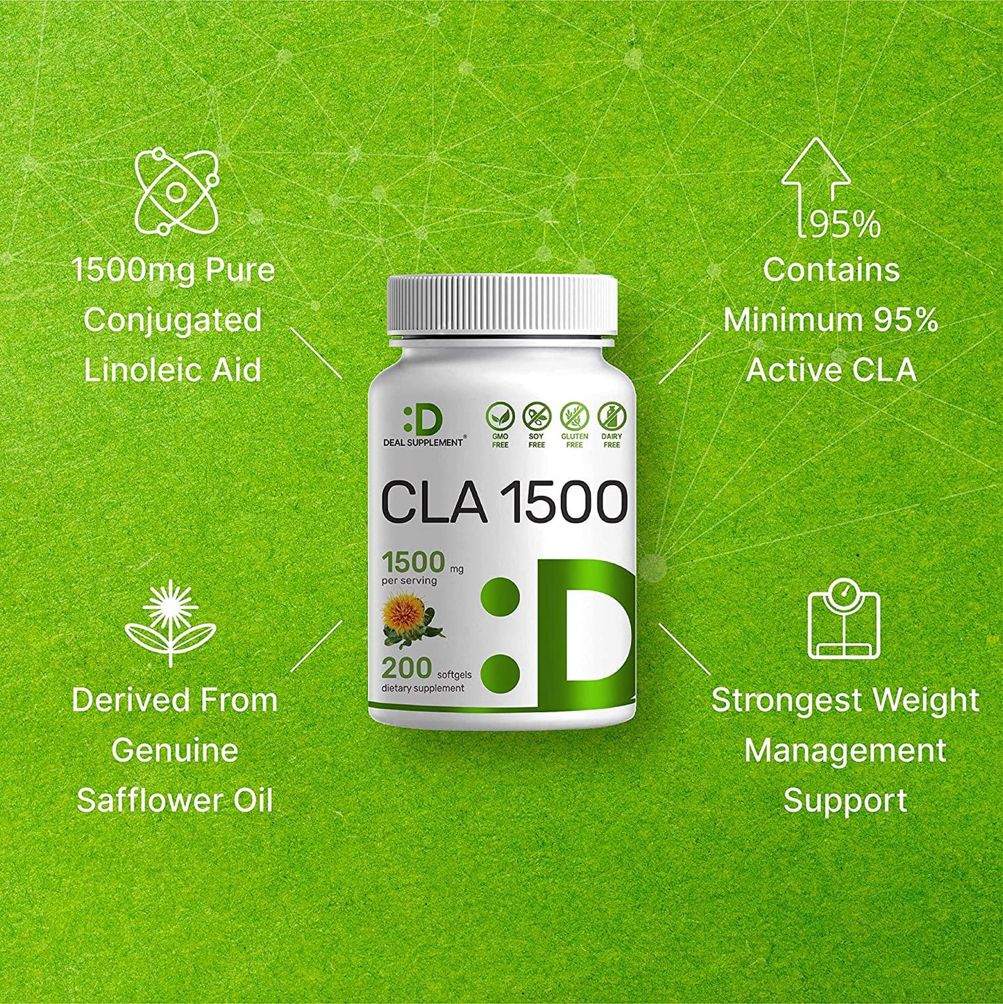 Deal Supplement CLA 1500mg Per Serving, 200 Softgels, Super Extra Strength 95% Conjugated Linoleic Acid from Safflower Oil, Manage Weight and Lean Muscle