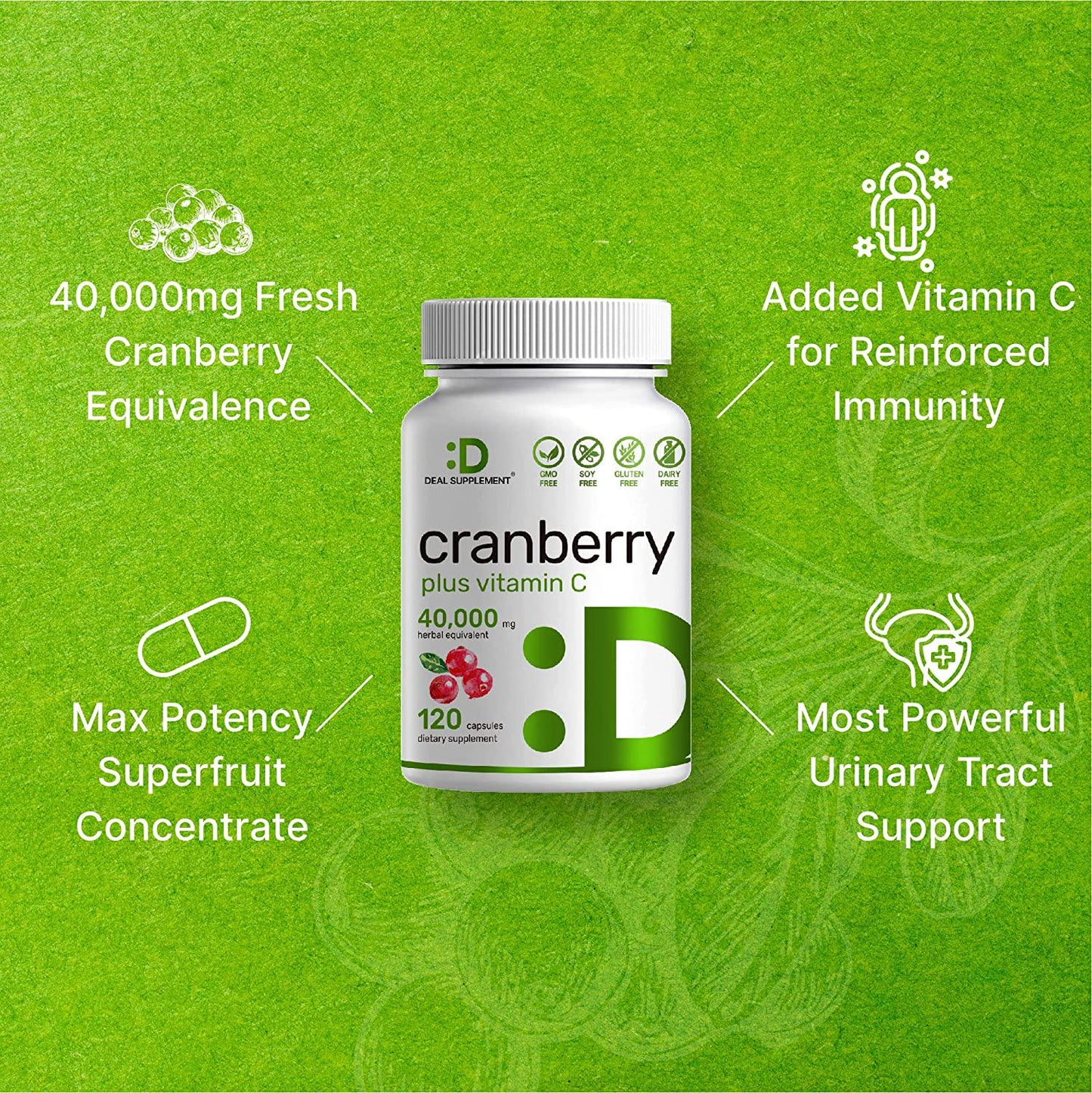 Deal Supplement Cranberry Fruit Concentrate 100:1- Equals to 40,000 mg Fresh Cranberries- Fortified with Vitamin C, 120 Capsules, Cleanse and Protect Urinary Tract, Immune Booster - 3 Months Supply