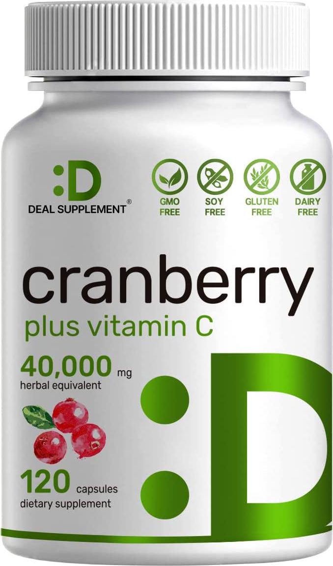 Deal Supplement Cranberry Fruit Concentrate 100:1- Equals to 40,000 mg Fresh Cranberries- Fortified with Vitamin C, 120 Capsules, Cleanse and Protect Urinary Tract, Immune Booster - 3 Months Supply