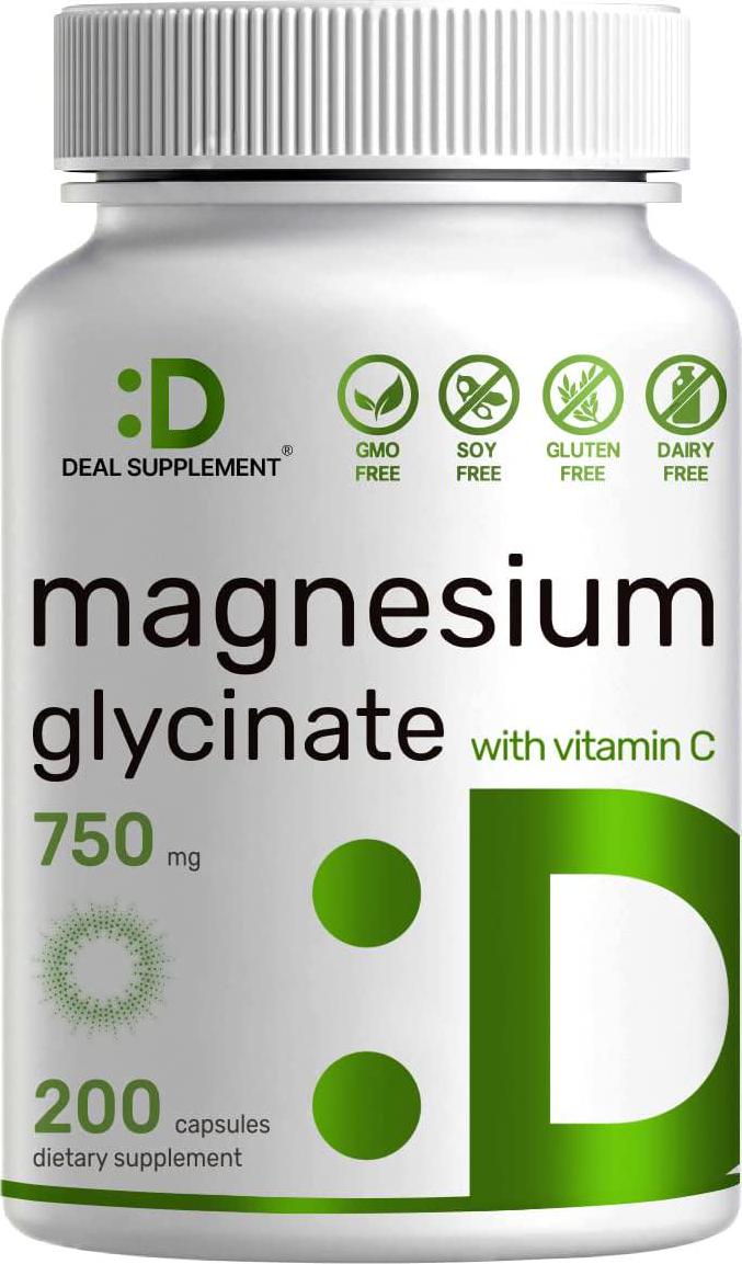 Deal Supplement Magnesium Glycinate Plus Vitamin C, 750mg, 200 Capsules | 100% Chelated for High Absorption | Supports Muscle Heart Bones Health, Leg Cramps, Stress Relief and Sleep