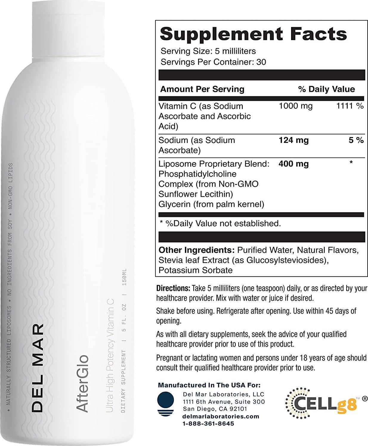 Del Mar Labs AfterGlo Liposomal Vitamin C 1000mg - 30 Servings - Vitamin C as Sodium Ascorbate and Ascorbic Acid - Immune System Booster and Collagen Supplement - Non-GMO - Vegan - Made in USA