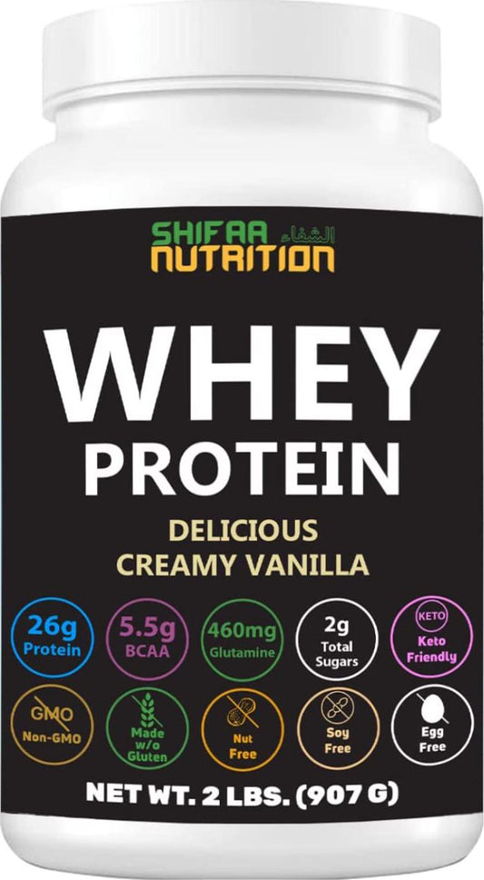 Delicious Creamy Vanilla Halal Whey Protein Powder 2Lbs | 26g Protein, 5500mg BCAAs, and 460mg Glutamine | for Recovery and Lean Muscles | Gluten-Free | Non-GMO | Keto-Friendly | by SHIFAA NUTRITION