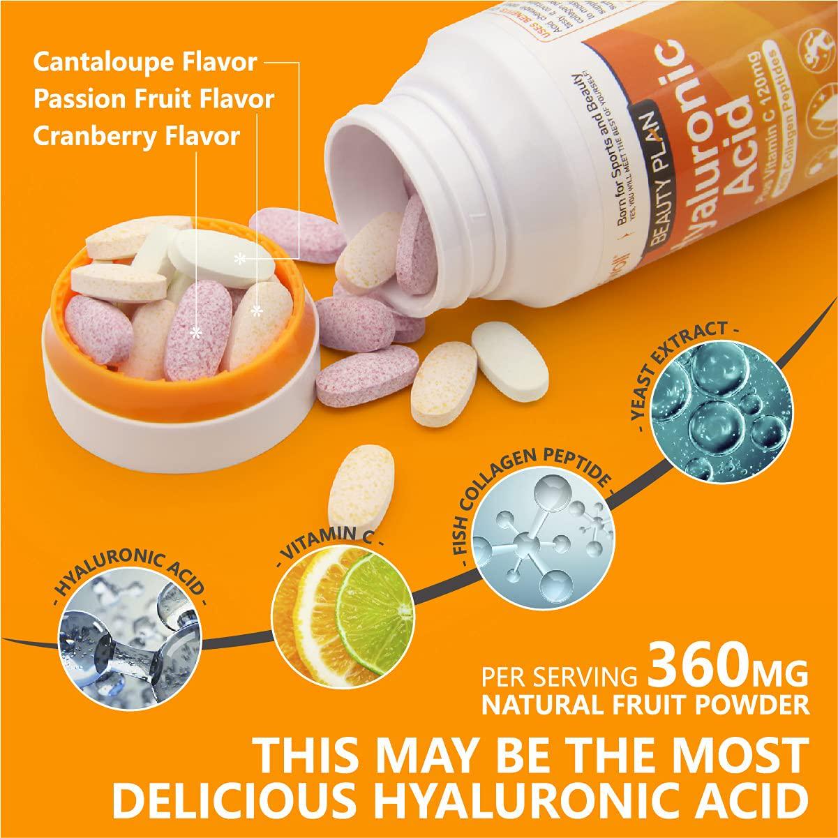 Delicious Hyaluronic Acid Supplement - Chewable Tablets Suger-Free by Ciwoll, with Vitamin C and Collagen Peptides, Supports Skin Hydration - Joints Health - Immune Boost, 3 Fruit Flavors, 20 Servings