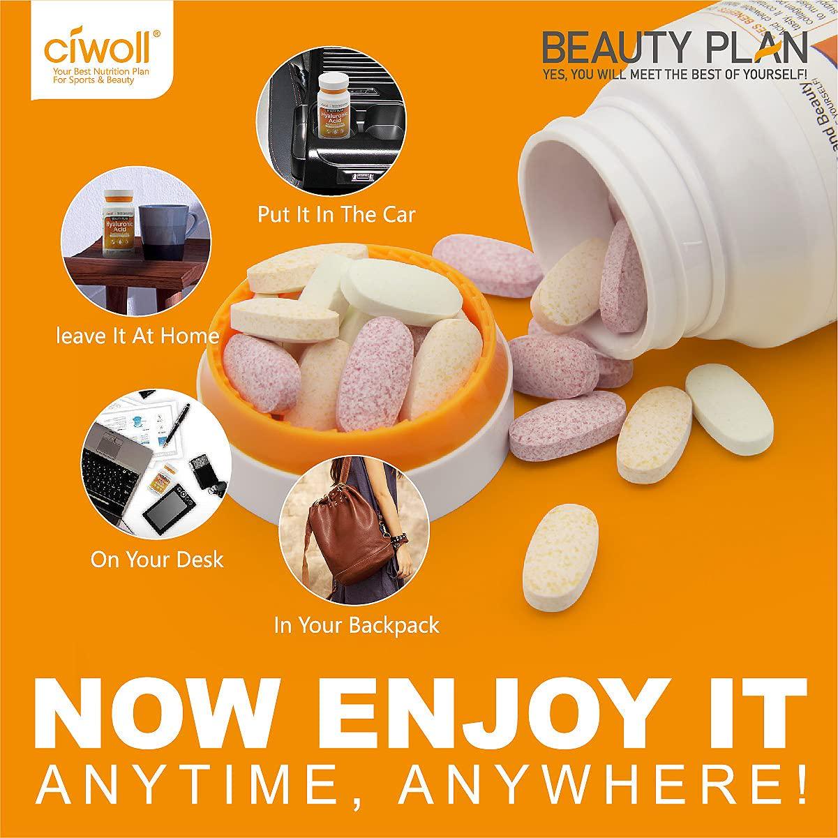 Delicious Hyaluronic Acid Supplement - Chewable Tablets Suger-Free by Ciwoll, with Vitamin C and Collagen Peptides, Supports Skin Hydration - Joints Health - Immune Boost, 3 Fruit Flavors, 20 Servings