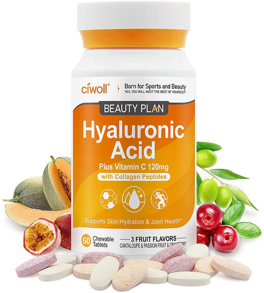 Delicious Hyaluronic Acid Supplement - Chewable Tablets Suger-Free by Ciwoll, with Vitamin C and Collagen Peptides, Supports Skin Hydration - Joints Health - Immune Boost, 3 Fruit Flavors, 20 Servings