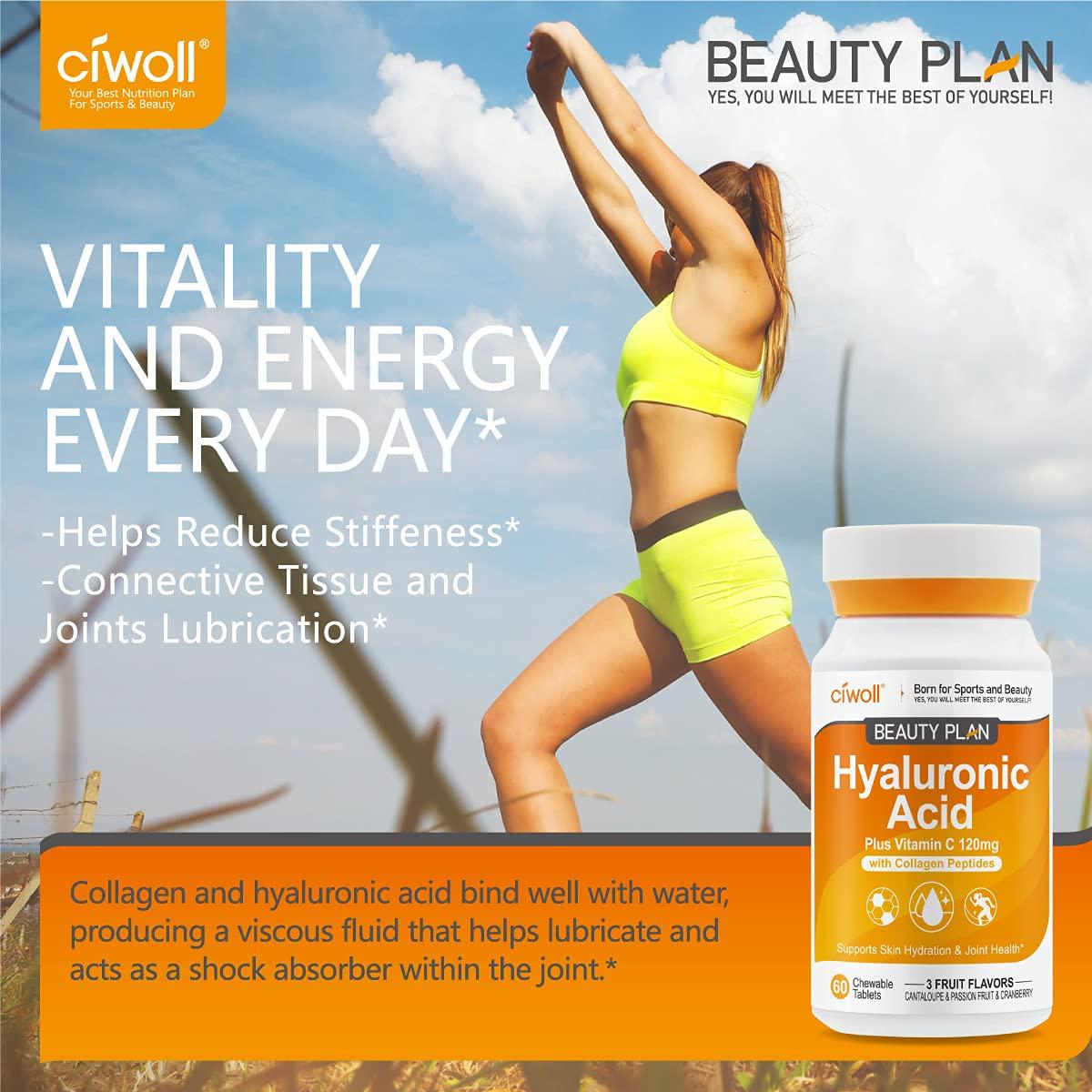 Delicious Hyaluronic Acid Supplement - Chewable Tablets Suger-Free by Ciwoll, with Vitamin C and Collagen Peptides, Supports Skin Hydration - Joints Health - Immune Boost, 3 Fruit Flavors, 20 Servings