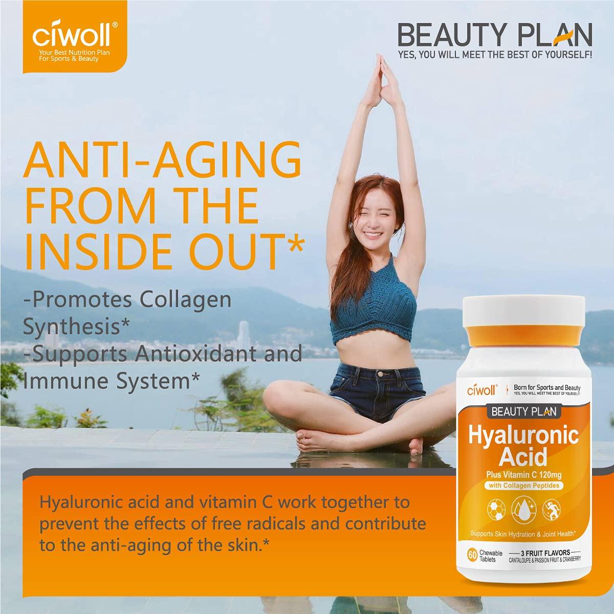 Delicious Hyaluronic Acid Supplement - Chewable Tablets Suger-Free by Ciwoll, with Vitamin C and Collagen Peptides, Supports Skin Hydration - Joints Health - Immune Boost, 3 Fruit Flavors, 20 Servings