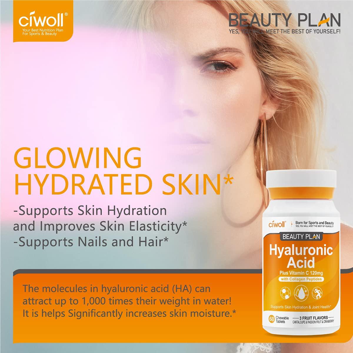 Delicious Hyaluronic Acid Supplement - Chewable Tablets Suger-Free by Ciwoll, with Vitamin C and Collagen Peptides, Supports Skin Hydration - Joints Health - Immune Boost, 3 Fruit Flavors, 20 Servings