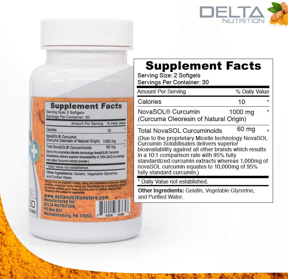 Delta Nutrition Curcumin+ w/NovaSOL Liquid Micelle Technology - 185x More Bioavailable Than 95% Standardized Native Curcumin - 60mg per Serving