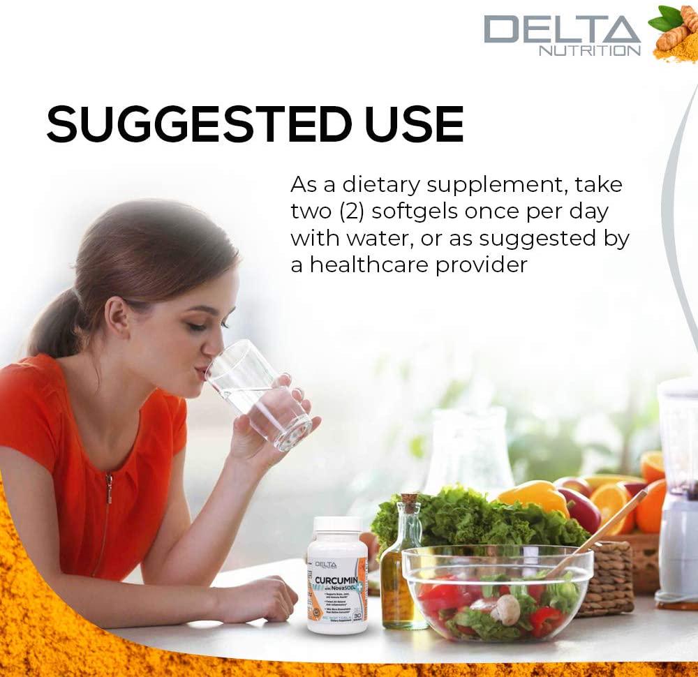 Delta Nutrition Curcumin+ w/NovaSOL Liquid Micelle Technology - 185x More Bioavailable Than 95% Standardized Native Curcumin - 60mg per Serving