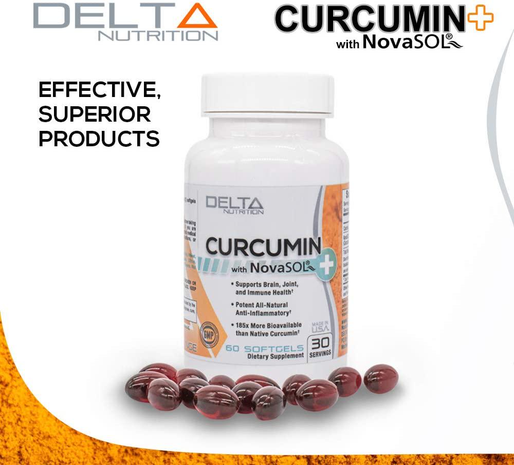 Delta Nutrition Curcumin+ w/NovaSOL Liquid Micelle Technology - 185x More Bioavailable Than 95% Standardized Native Curcumin - 60mg per Serving