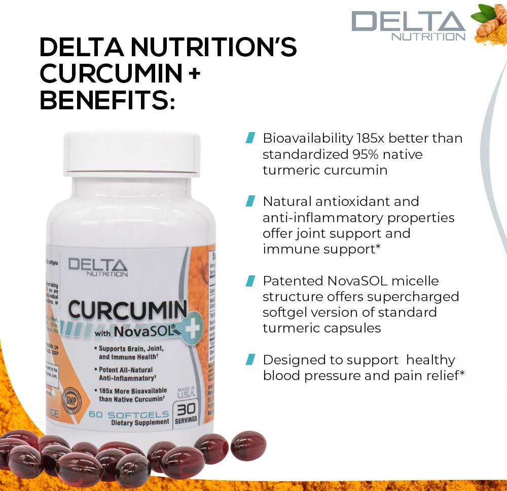 Delta Nutrition Curcumin+ w/NovaSOL Liquid Micelle Technology - 185x More Bioavailable Than 95% Standardized Native Curcumin - 60mg per Serving