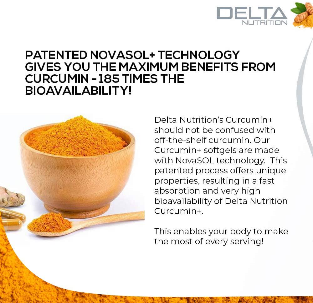 Delta Nutrition Curcumin+ w/NovaSOL Liquid Micelle Technology - 185x More Bioavailable Than 95% Standardized Native Curcumin - 60mg per Serving