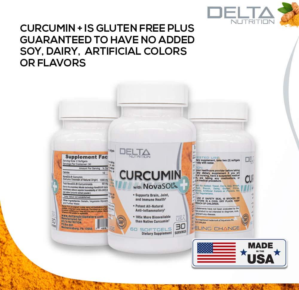 Delta Nutrition Curcumin+ w/NovaSOL Liquid Micelle Technology - 185x More Bioavailable Than 95% Standardized Native Curcumin - 60mg per Serving