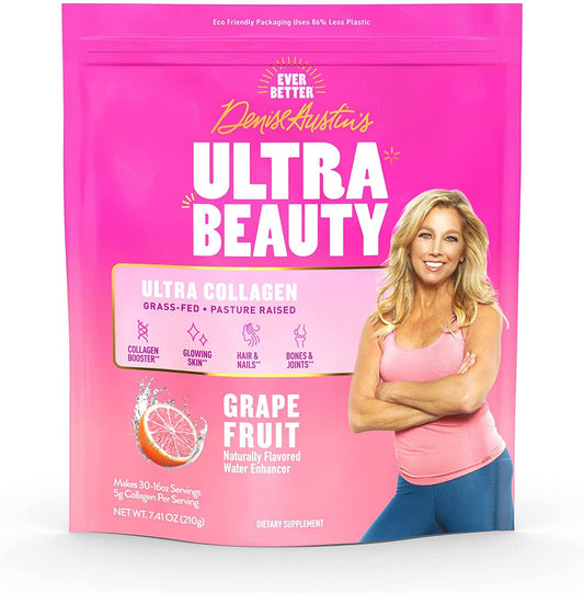 Denise Austin's Ultra Beauty Collagen Water Enhancer, Grapefruit Flavor (7 oz Bag - 30 Servings) Grass Fed Peptides and Essential Vitamins for Skin Hair Nail Joint Health