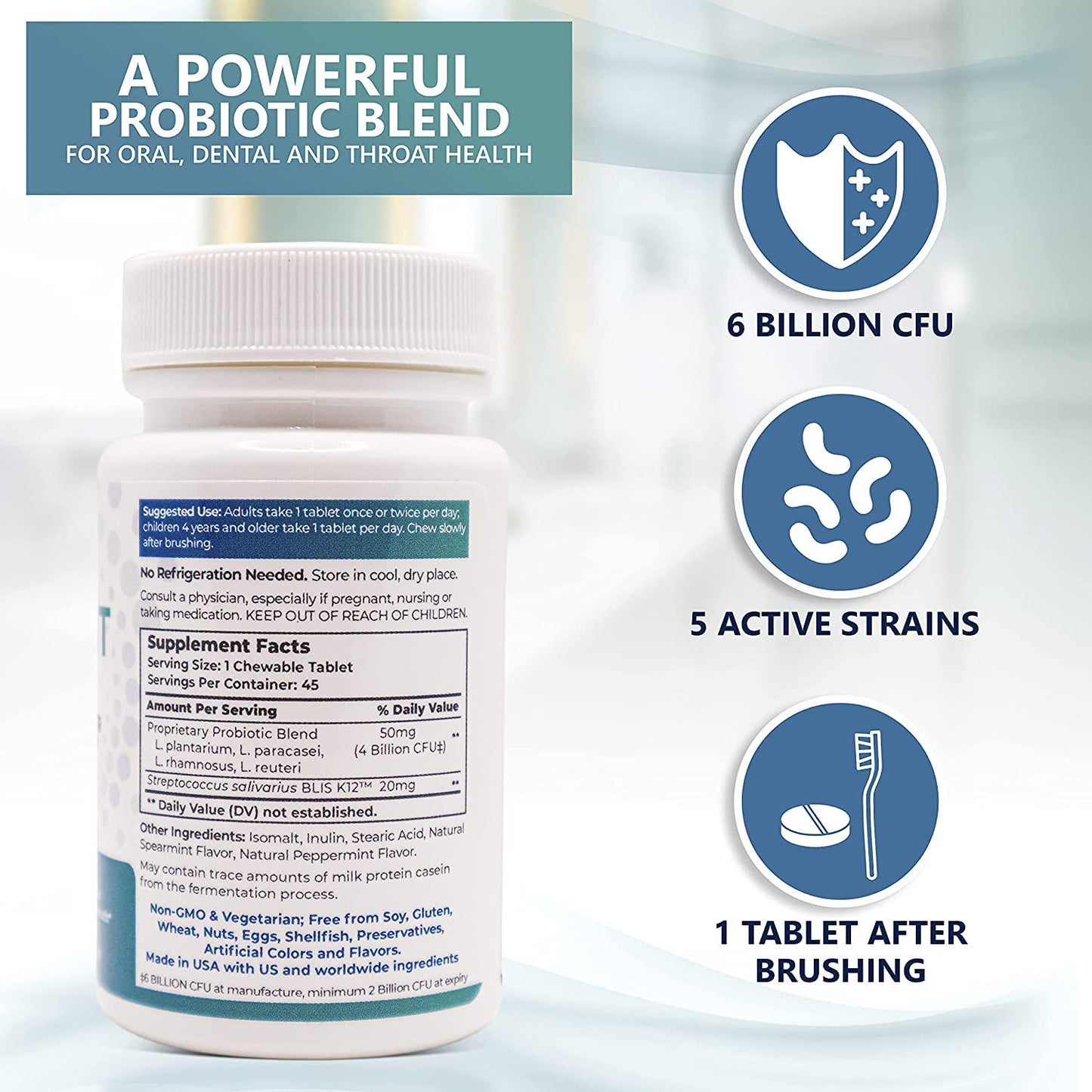 Dental Probiotic for Women and Men, 45 Tablets - 6 Billion CFU with Lactobacillus Reuteri, BLIS K12 and Oral Probiotics - Adults Natural Supplement Treatment for Bad Breath, Gum Disease, Gingivitis