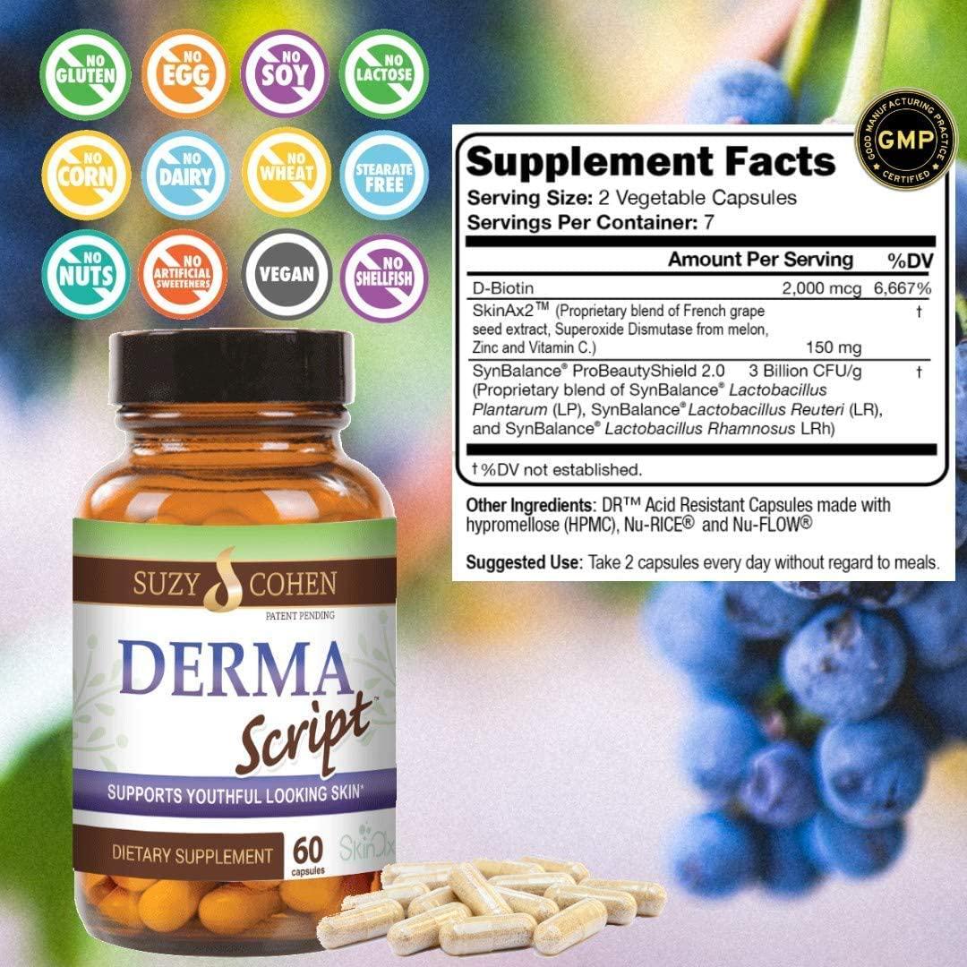 DermaScript Clear Skin Probiotic- Skin Care Routine Supplement - Biotin Face Supplemnt - Fights Acne, Dryness, Irritation and Rashes (60 Capsules)