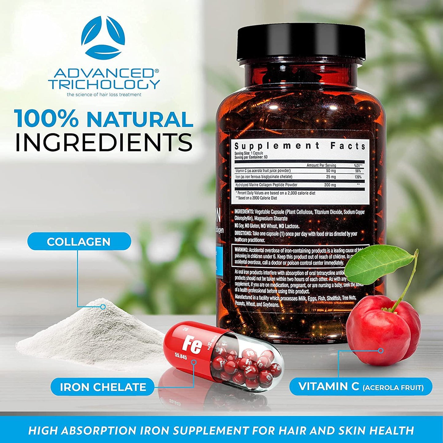 Derma-Iron Supplement for Women and Men - 1st Iron blood builder pills for hair and skin with Collagen and natural Vitamin C supplements, anemia, thinning hair, hair loss, 90-day