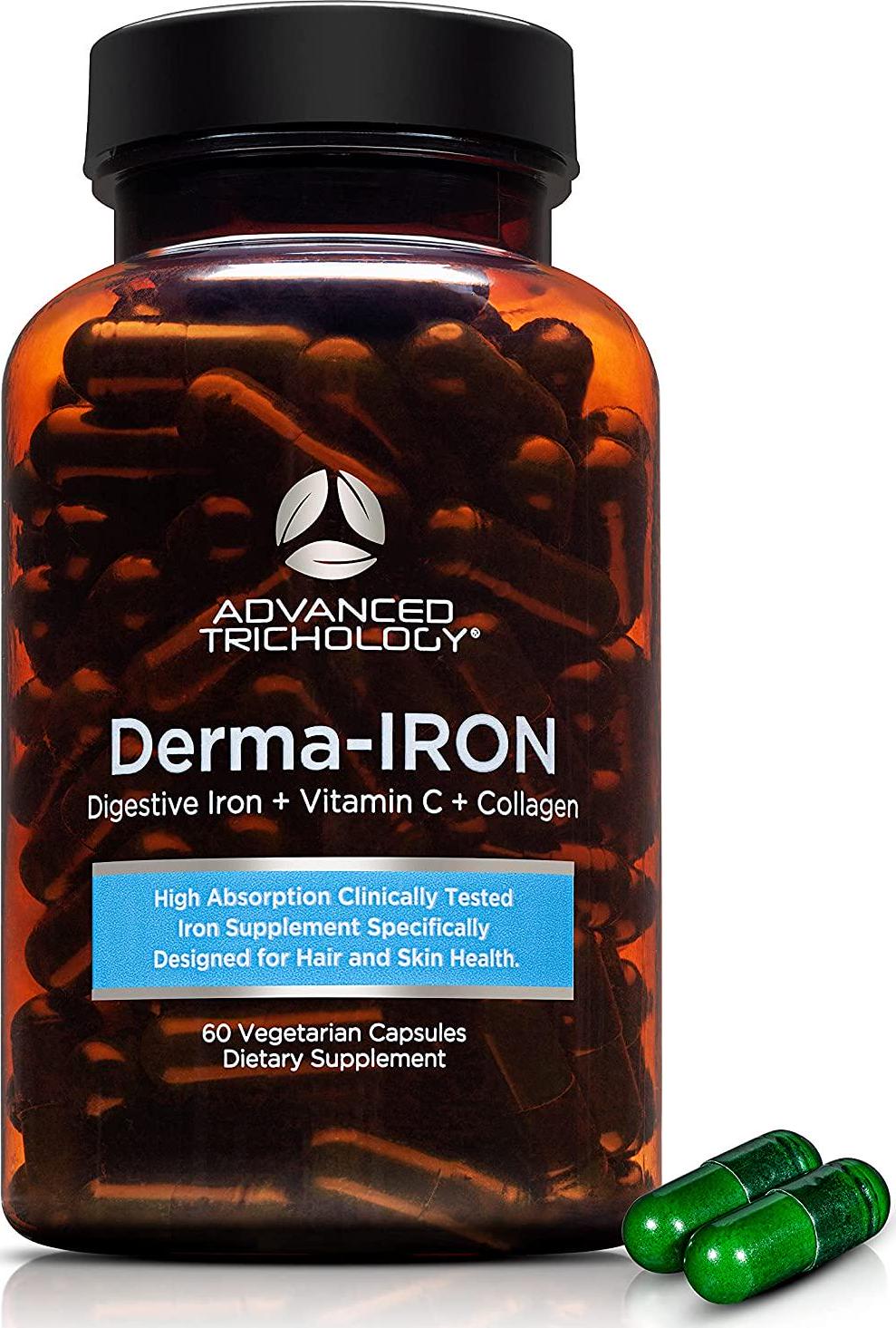 Derma-Iron Supplement for Women and Men - 1st Iron blood builder pills for hair and skin with Collagen and natural Vitamin C supplements, anemia, thinning hair, hair loss, 90-day