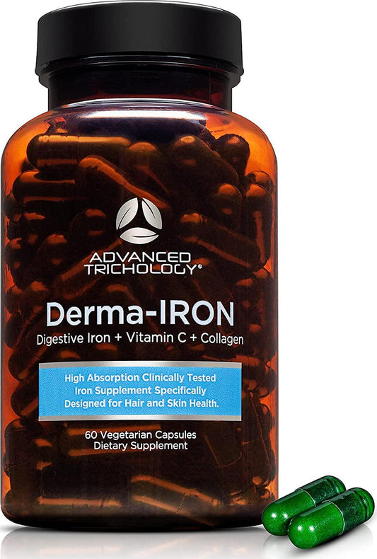 Derma-Iron Supplement for Women and Men - 1st Iron blood builder pills for hair and skin with Collagen and natural Vitamin C supplements, anemia, thinning hair, hair loss, 90-day