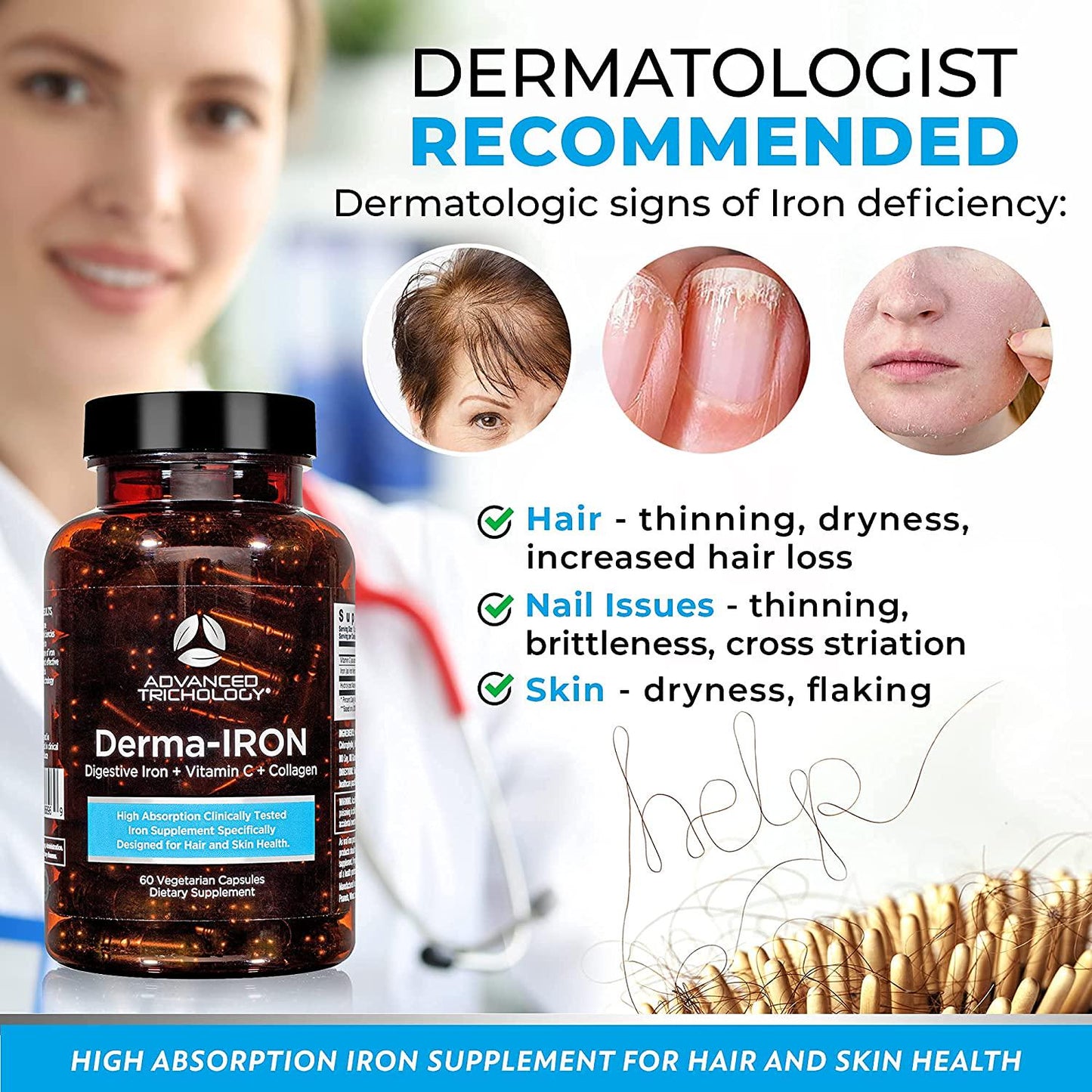 Derma-Iron Supplement for Women and Men - 1st Iron blood builder pills for hair and skin with Collagen and natural Vitamin C supplements, anemia, thinning hair, hair loss, 90-day