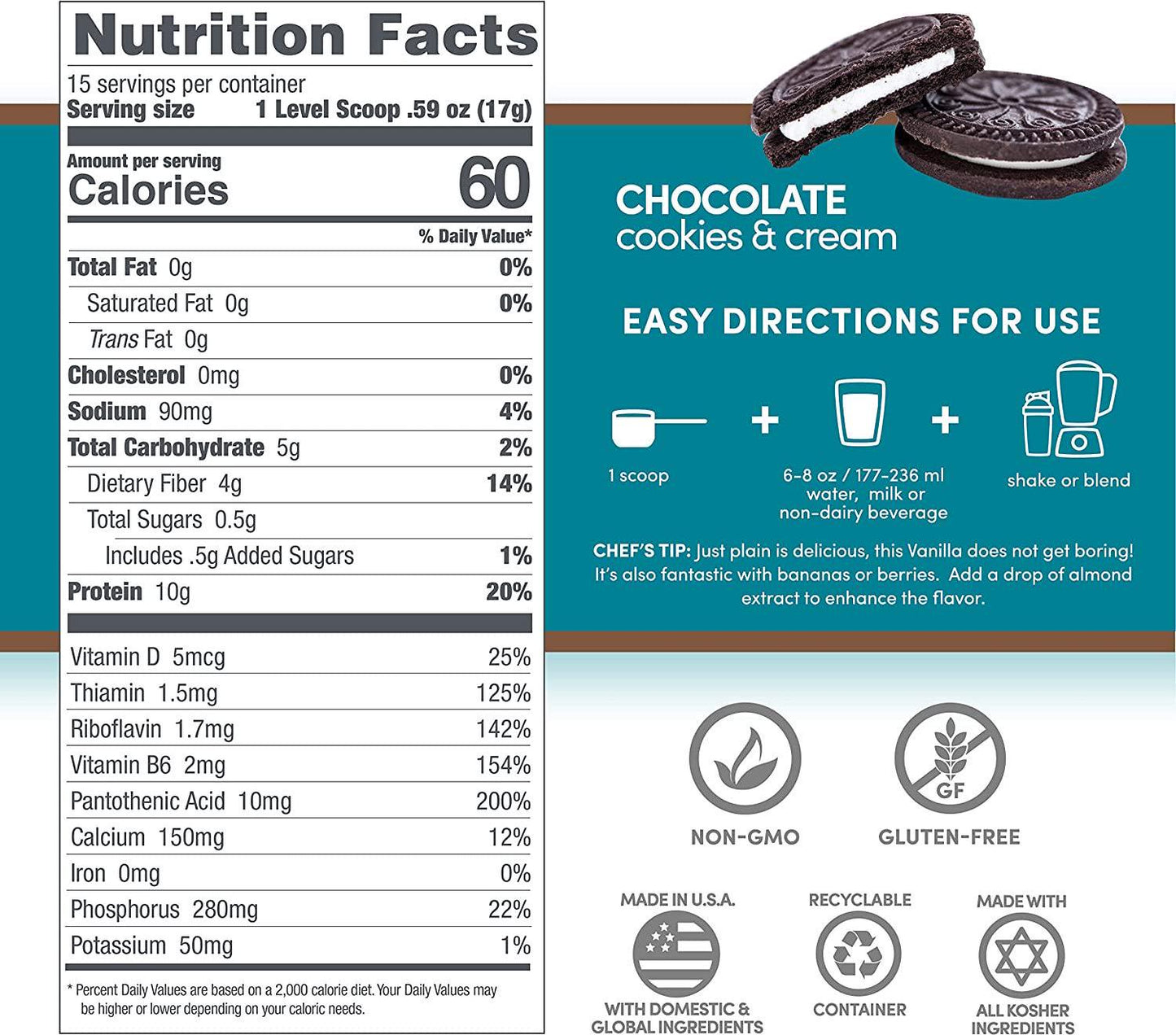 Designer Protein LITE, Low Calorie Natural Protein, Chocolate Cookies and Cream, 9.03 Ounce, 10 g (Pack of 1), 170195