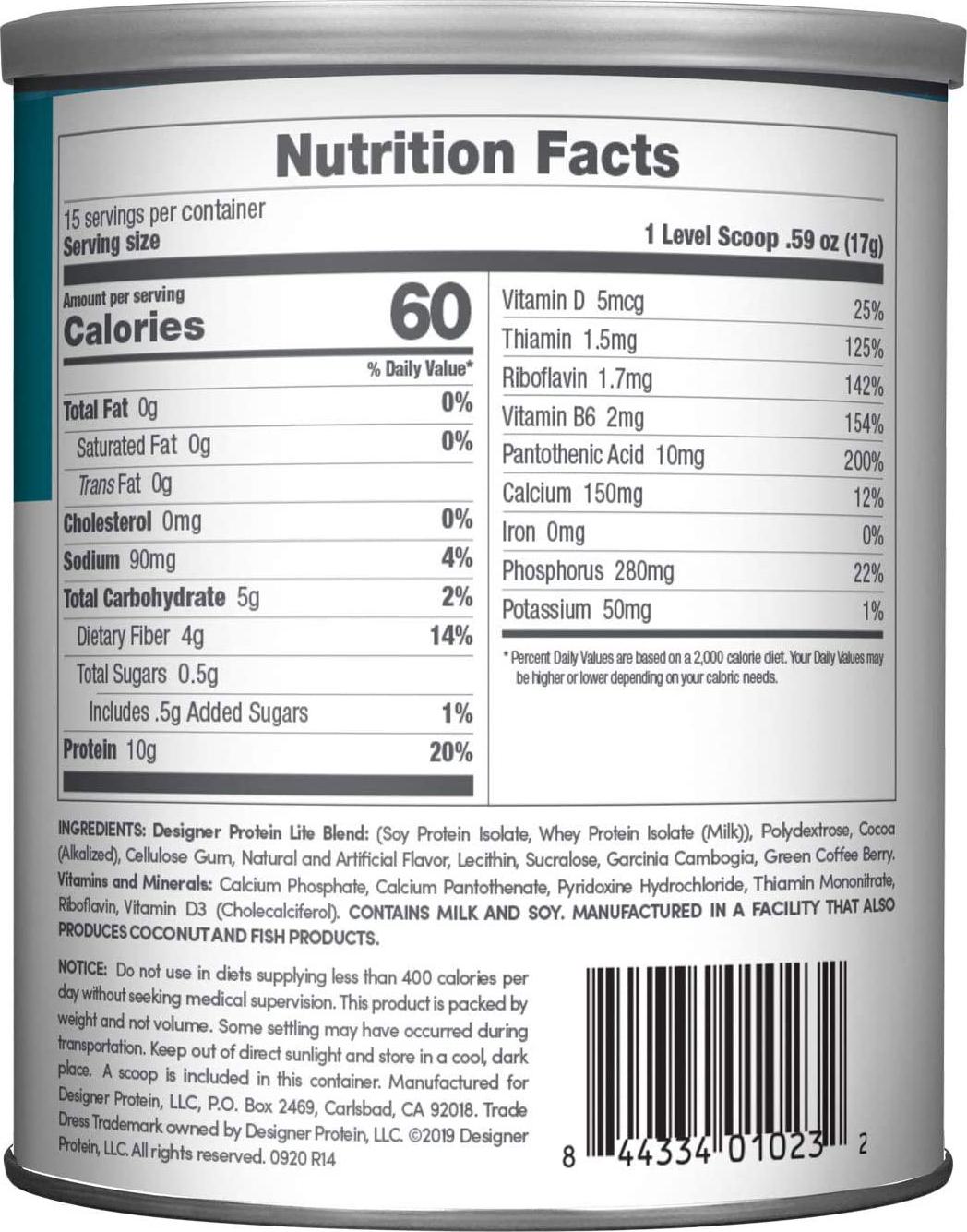 Designer Protein LITE, Low Calorie Natural Protein, Chocolate Cookies and Cream, 9.03 Ounce, 10 g (Pack of 1), 170195