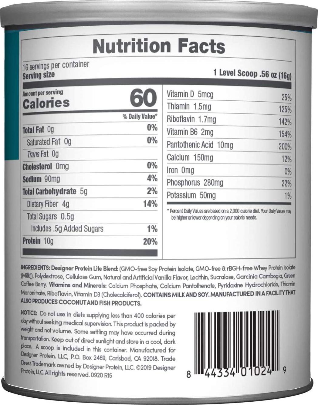 Designer Protein LITE, Low Calorie Natural Protein, Vanilla Cupcake, 9.03 Ounce, White and Blue, 170196