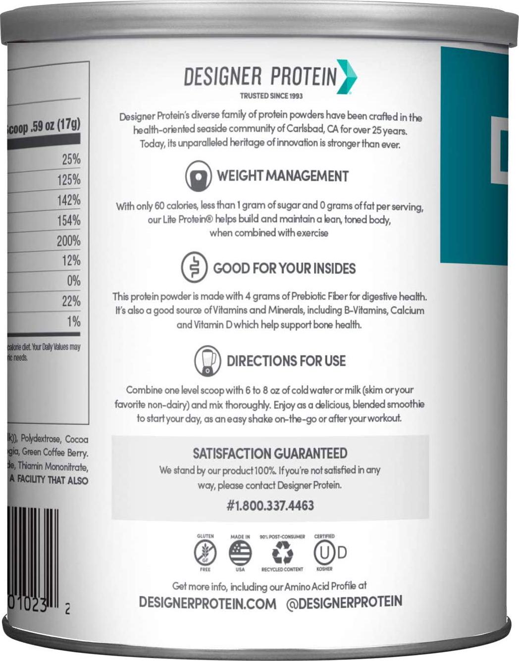 Designer Protein LITE, Low Calorie Natural Protein, Chocolate Cookies and Cream, 9.03 Ounce, 10 g (Pack of 1), 170195