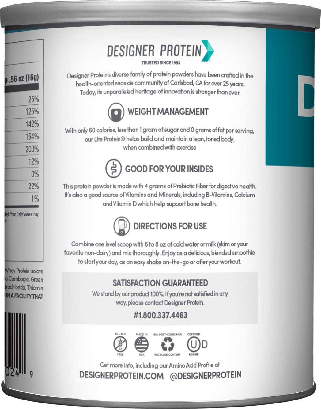 Designer Protein LITE, Low Calorie Natural Protein, Vanilla Cupcake, 9.03 Ounce, White and Blue, 170196