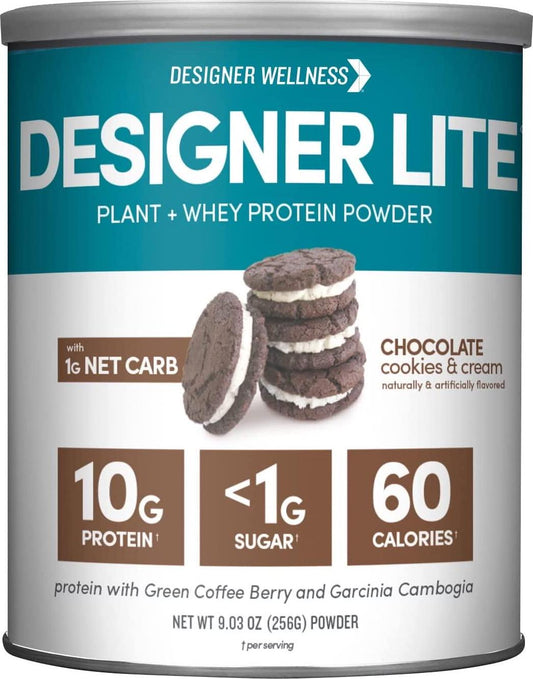 Designer Protein LITE, Low Calorie Natural Protein, Chocolate Cookies and Cream, 9.03 Ounce, 10 g (Pack of 1), 170195