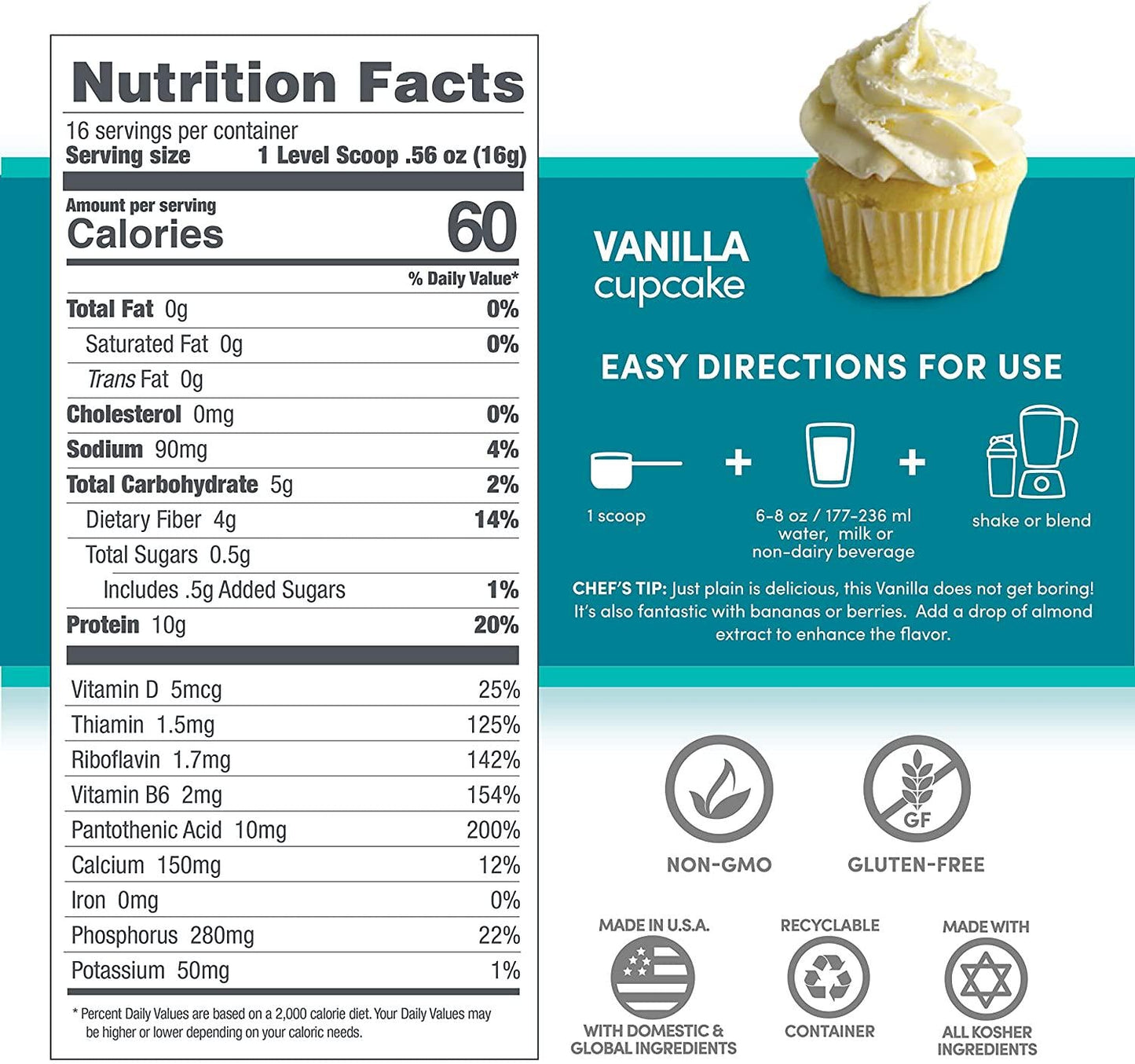 Designer Protein LITE, Low Calorie Natural Protein, Vanilla Cupcake, 9.03 Ounce, White and Blue, 170196