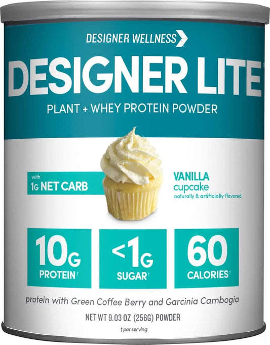 Designer Protein LITE, Low Calorie Natural Protein, Vanilla Cupcake, 9.03 Ounce, White and Blue, 170196