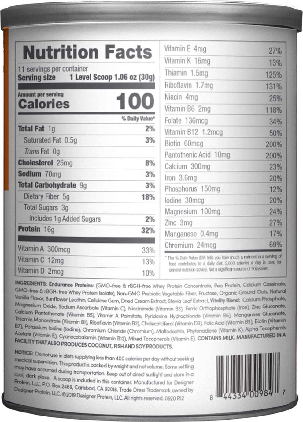 Designer Protein Sustained Energy Natural Endurance Protein, Vanilla Bean, 12 Ounce