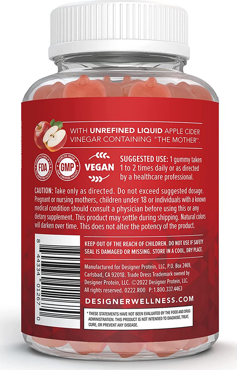 Designer Wellness, Apple Cider Vinegar, Gut Support Gummies with The Mother, Gluten-Free, Vegan, Natural Apple Flavor, 60 Count