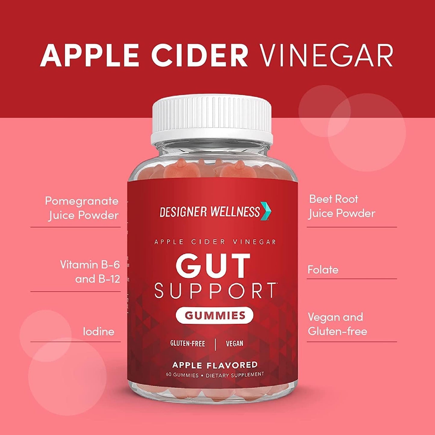 Designer Wellness, Apple Cider Vinegar, Gut Support Gummies with The Mother, Gluten-Free, Vegan, Natural Apple Flavor, 60 Count